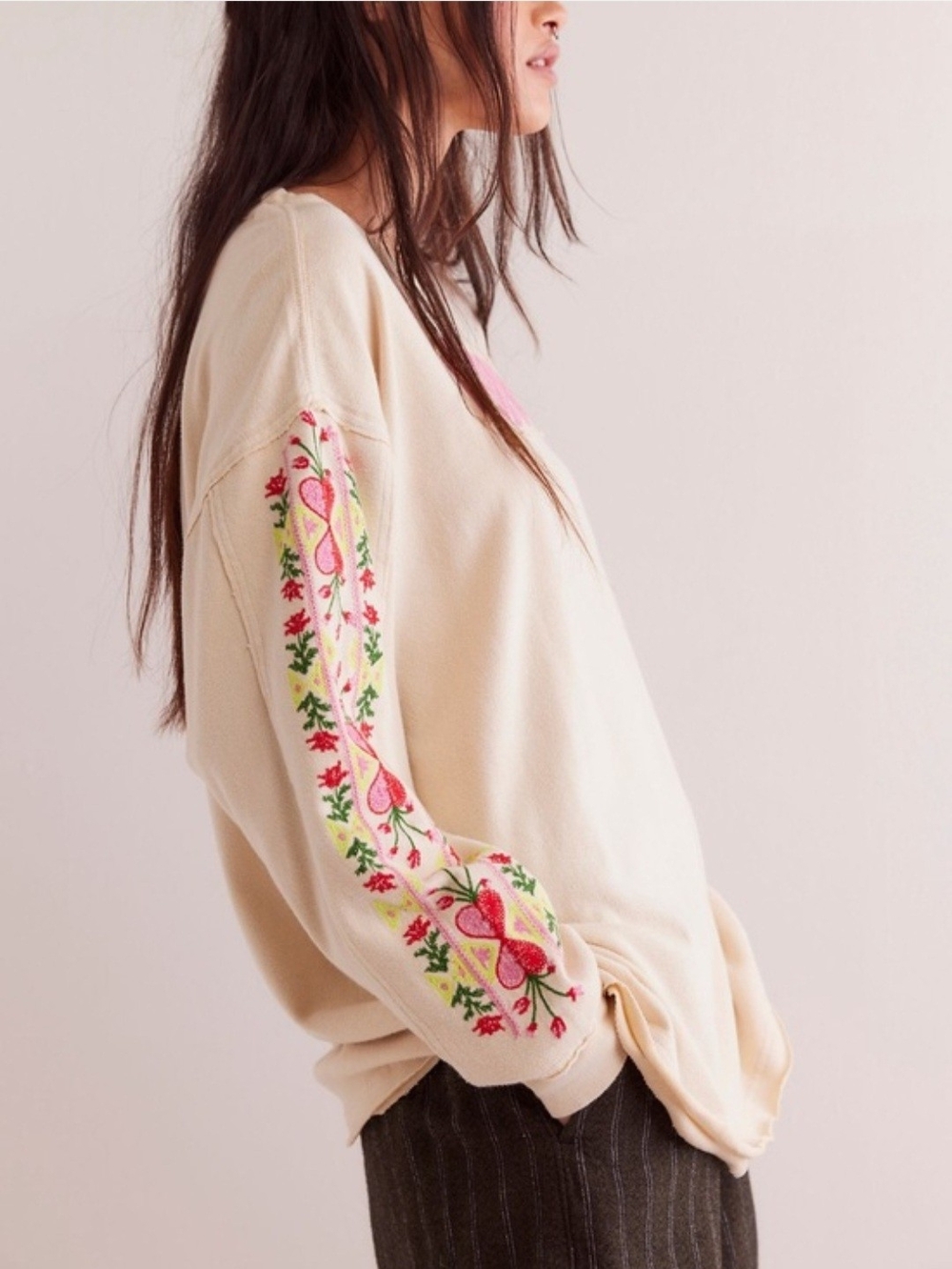 NWOT Free People We The Free All My Heart Embroidered Long Sleeve Tee - Picture 3 of 7